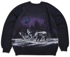 画像2: 90s USA製 Hanes ウルフ オールオーバープリント アート スウェット 黒 XL (2)