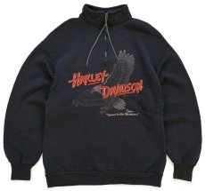 画像1: 80s USA製 HARLEY-DAVIDSON ハーレー ダビッドソン 両面プリント ハイネック ハーフジップ スウェット 黒 L★RUSSELLラッセル (1)