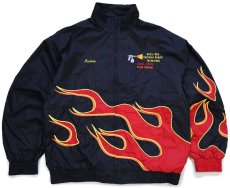 画像1: 00s HILTON Skills USA Collision Repair Technology フレイムス 刺繍 ナイロンジャケット 黒 L★ファイヤーパターン (1)