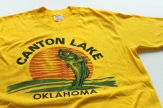 画像1: 70s USA製 CANTON LAKE 染み込みプリント Tシャツ 黄 M (1)