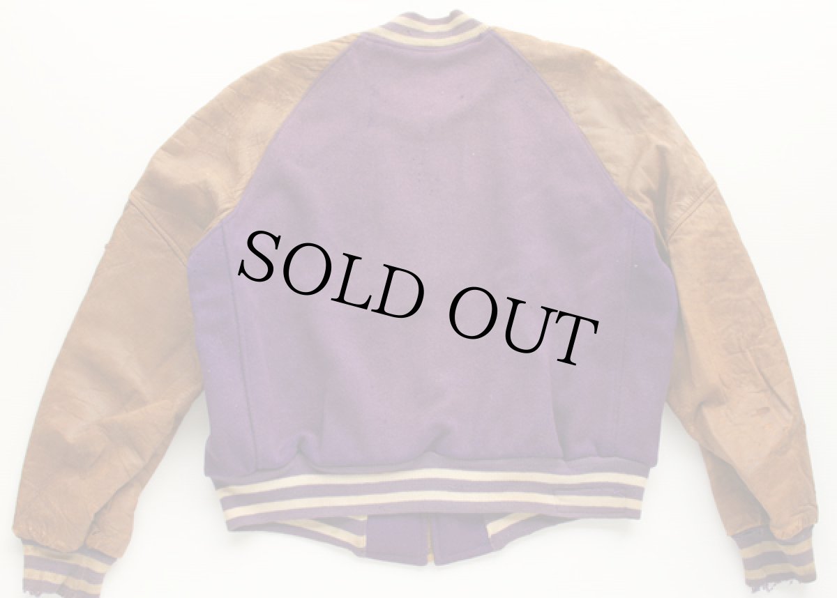 画像2: 40s UNKNOWN メルトン ウール 袖革スタジャン 紫 44 (2)