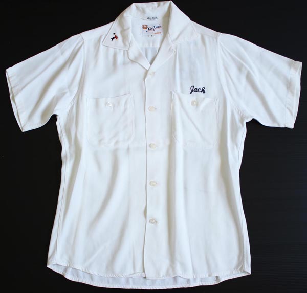 60s USA製 King Louieキングルイ チェーン刺繍 レーヨン ボウリングシャツ 白 S