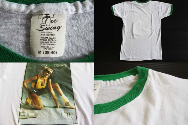 80s USA製 オリビアニュートンジョン リンガーTシャツ 白×緑 M