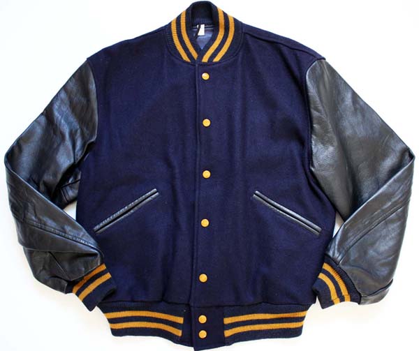 60s BUTWINバトウィン メルトン ウール 袖革スタジャン 紺×黒 42