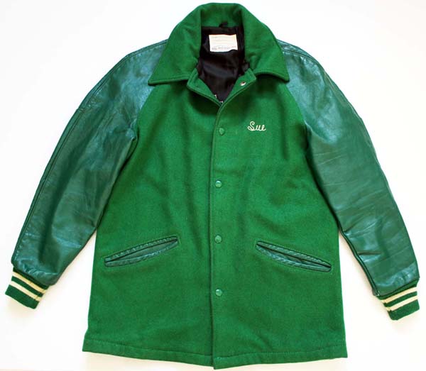 70s DeLONGデロング メルトン ウール 袖革スタジャン 緑×マスタード