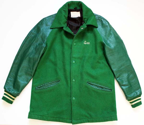 70s DeLONGデロング メルトン ウール ロング 袖革スタジャン 緑 38 - Sixpacjoe Web Shop