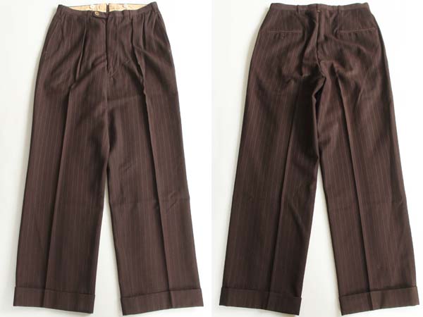 40s UNKNOWN ストライプ スラックス ウールパンツ 茶 w31 - Sixpacjoe Web Shop