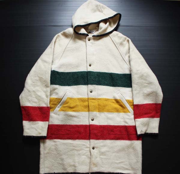 70s USA製 Woolrichウールリッチ マルチボーダー フーデッド ウール ブランケット コート M - Sixpacjoe Web Shop