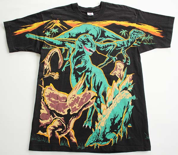 90s USA製 恐竜柄 オールオーバープリント コットンTシャツ 黒 L 