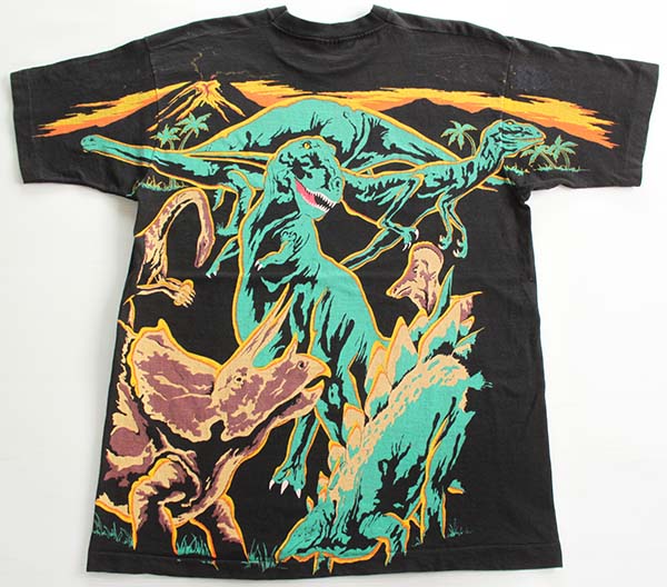 90s USA製 恐竜柄 オールオーバープリント コットンTシャツ 黒 L