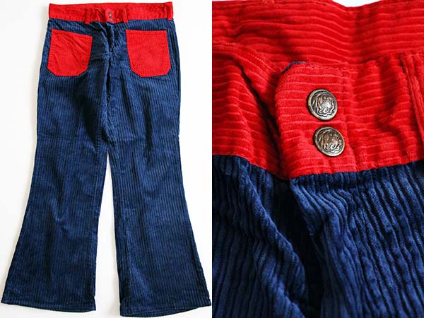 70s UNKNOWN ツートン ベルボトム ランダム 太畝 コーデュロイパンツ 紺x赤 - Sixpacjoe Web Shop