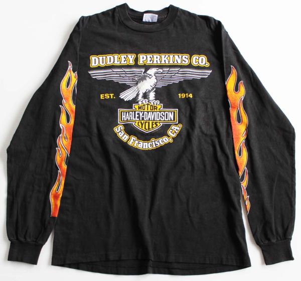 80s USA製 Hanes HARLEY-DAVIDSON ハーレー ダビッドソン フレイムス コットン 長袖Tシャツ 黒 M★ファイヤーパターン