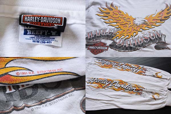 90s USA製 HARLEY-DAVIDSONハーレー ダビッドソン フレイムス コットン 長袖Tシャツ 白 M★ファイヤーパターン