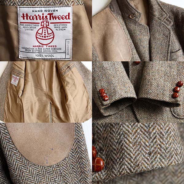 英国製 Harris Tweedハリスツイード ガンパッチ付き ヘリンボーン ツイード ハンティングジャケット