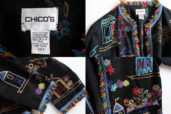 【上品】 CHICO'S 0 黒 コットンジャケット ノーカラー 総柄 刺繍 ジャケット・アウター