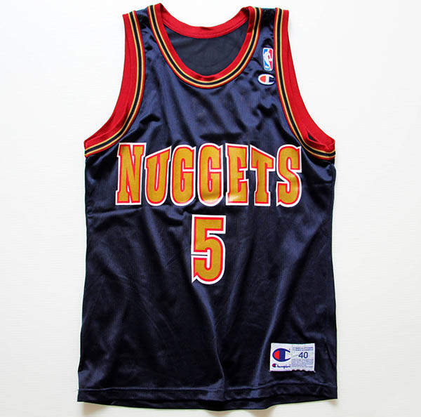90s USA製 Championチャンピオン NBA NUGGETS 5 ユニフォーム 紺 40