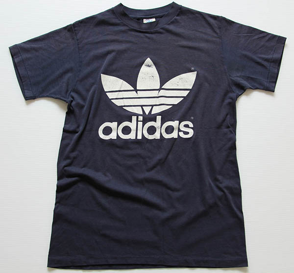 80s USA製 adidasアディダス トレフォイル ビッグロゴ Tシャツ 紺 M