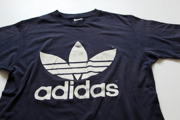 80s USA製 adidasアディダス トレフォイル ビッグロゴ Tシャツ 紺 M