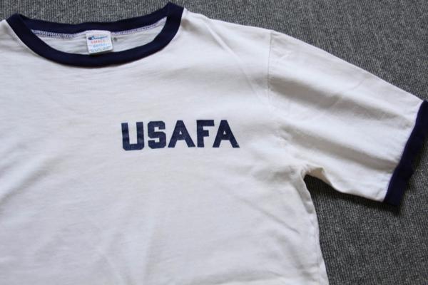 80s USA製 Championチャンピオン USAFA コットン リンガーTシャツ 白×紺 S