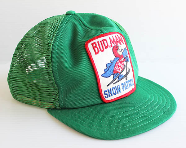 80s USA製 Budweiserバドワイザー BUDMANバドマン パッチ付き メッシュ ...