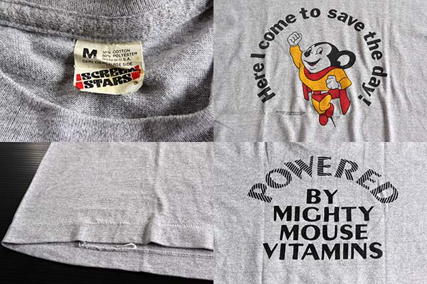 80s USA製 MIGHTY MOUSEマイティマウス Tシャツ 杢グレー M 