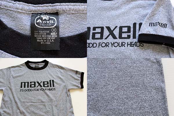 80s USA製 maxellマクセル ロゴ 染み込みプリント リンガーTシャツ 杢 ...