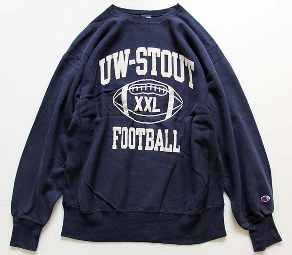 90s USA製 Championチャンピオン UW-STOUT FOOTBALL リバースウィーブ スウェット 紺 XL