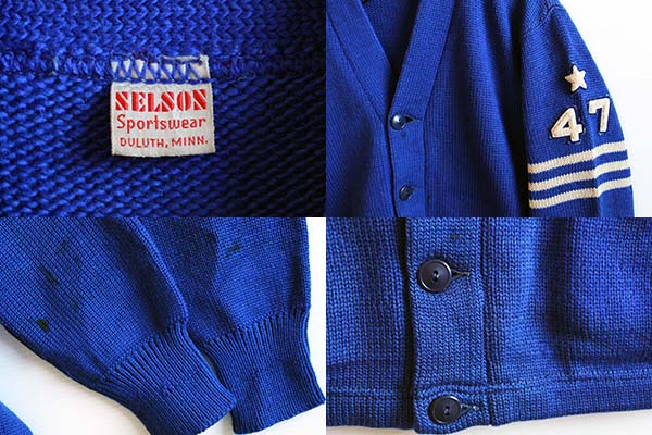 40s NELSON ウールニット レタードカーディガン 青 - Sixpacjoe Web Shop