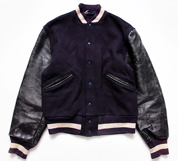 60s BUTWINバトウィン メルトン ウール 袖革スタジャン 紫×黒 38 