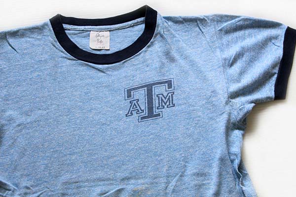 70s USA製 Collegiate Pacific A&M 染み込みプリント リンガーTシャツ