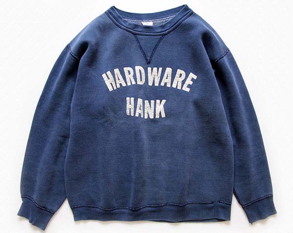50s USA製 RUSSELLラッセル HARDWARE HANK MARGIES CAFE 両面プリント 前V スウェット 紺 フェード