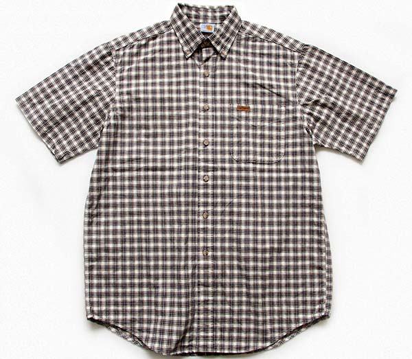 90s カーハート 半袖チェックシャツ レザーロゴ USA