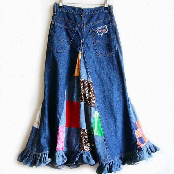 70s Levi'sリーバイス リメイク マキシ丈 パッチワーク デニム フレアスカート