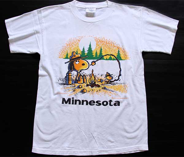 90s USA製 スヌーピー キャンプ 両面プリント コットンTシャツ 白 L