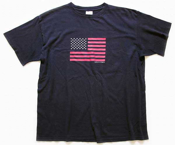 90s USA製 Calvin Kleinカルバンクライン 星条旗 コットンTシャツ 紺 XL