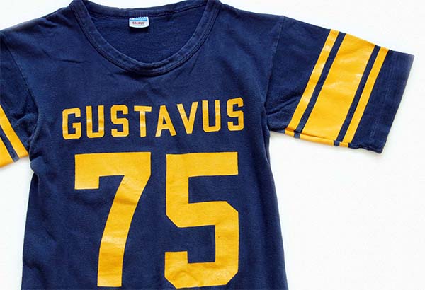 70s USA製 Championチャンピオン GUSTAVUS 75 ナンバリング コットン フットボールTシャツ 紺 S