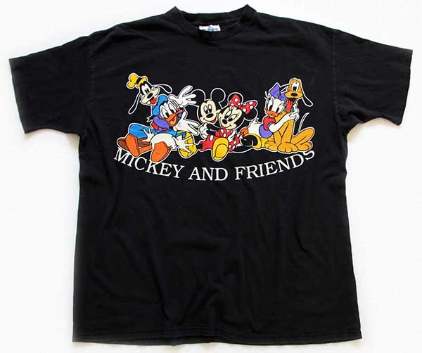 90s USA製 MICKEY AND FRIENDS ミッキー マウス コットンTシャツ 黒