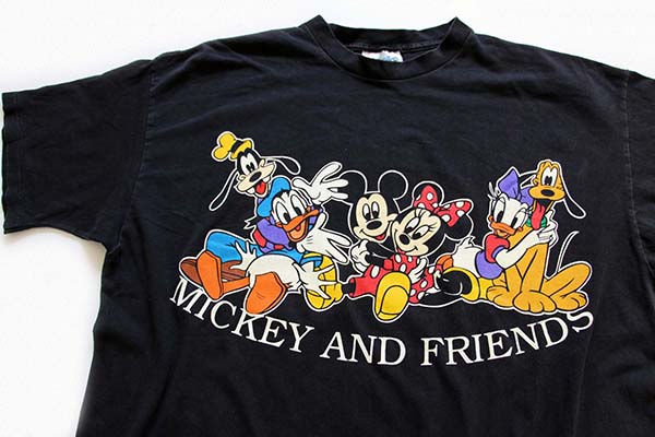 90s USA製 MICKEY AND FRIENDS ミッキー マウス コットンTシャツ 黒