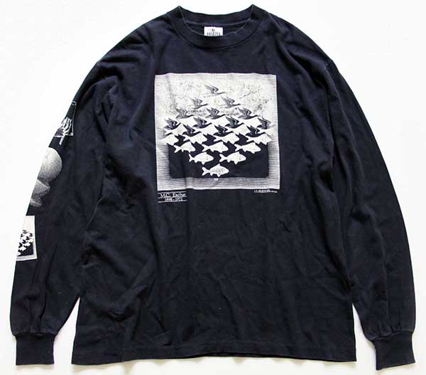 90s USA製 M.C.Escherエッシャー アート コットン 長袖Tシャツ 黒 XL ...