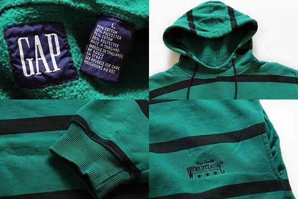 90s GAPギャップ ボーダー スウェットパーカー 緑×黒 L