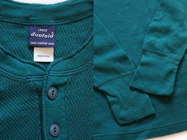 90s USA製 duofold ヘンリーネック コットン サーマルシャツ 青緑 L - Sixpacjoe Web Shop