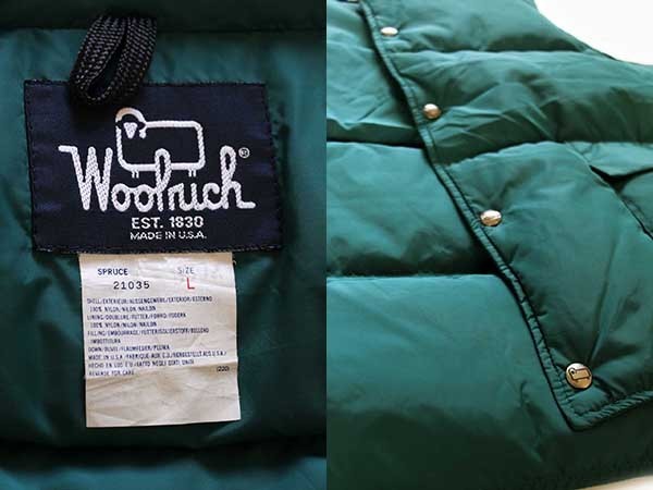 80s USA製 Woolrichウールリッチ ナイロン ダウンベスト 緑 L