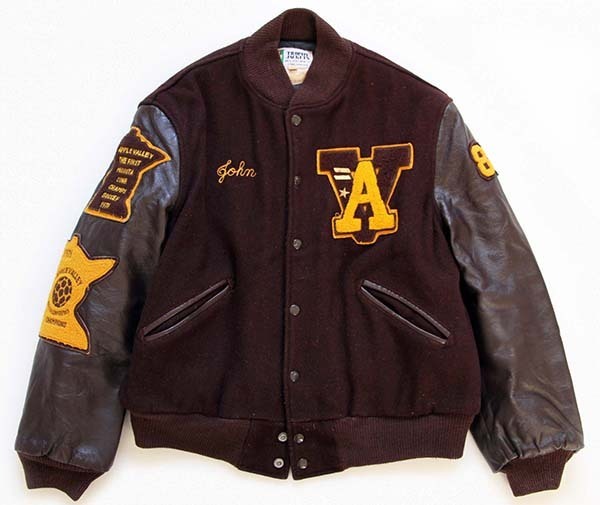 80s USA製 TROPHY JACKETS パッチ付き メルトン ウール 袖革スタジャン 