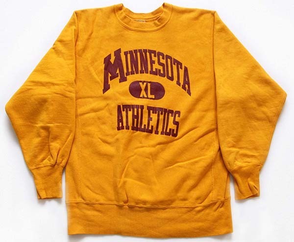 90s USA製 Championチャンピオン MINNESOTA ATHLETICS 三段中抜き リバースウィーブ スウェット イエロー L