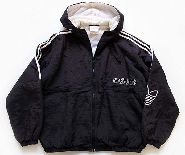 90s adidasアディダス トレフォイル ロゴ キルティングライナー ナイロンパーカー 黒×白 XL