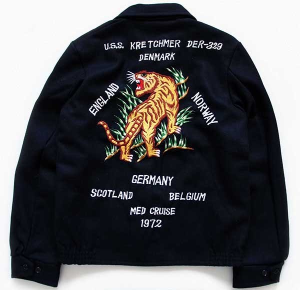 70s U.S.NAVY U.S.S. KRETCHMER DER-329 タイガー刺繍 ウール スーベニア ツアージャケット 黒