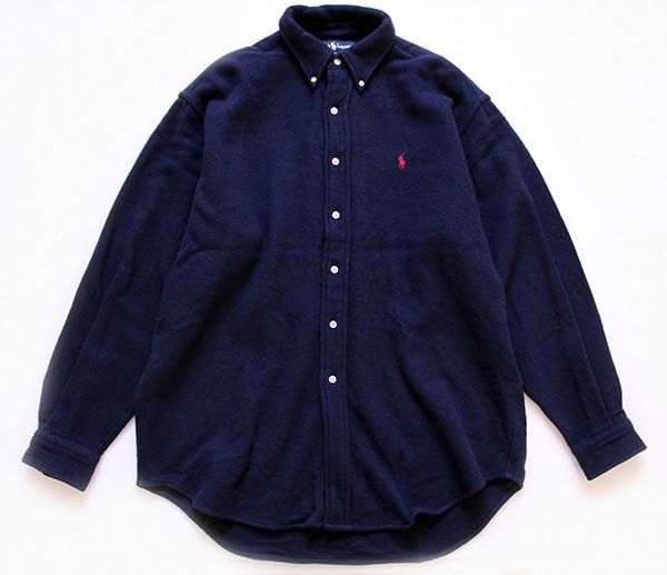 90s USA製 ラルフローレン ワンポイント ボタンダウン ウールシャツ 紺 L - Sixpacjoe Web Shop