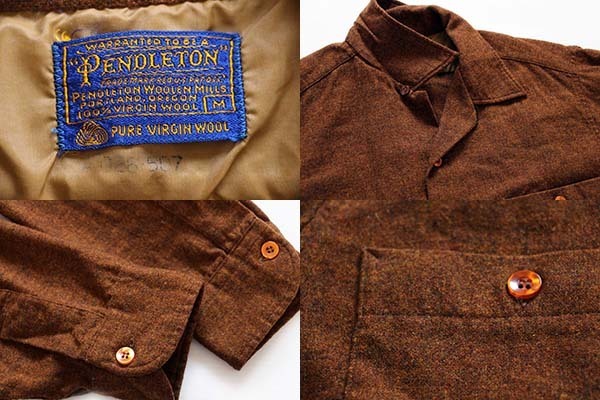 60s PENDLETONペンドルトン 無地 ウール オープンカラーシャツ 茶 M