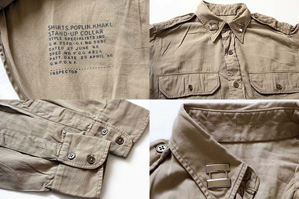 40s 米軍 U.S.ARMY 階級章付き コットンポプリンシャツ カーキ