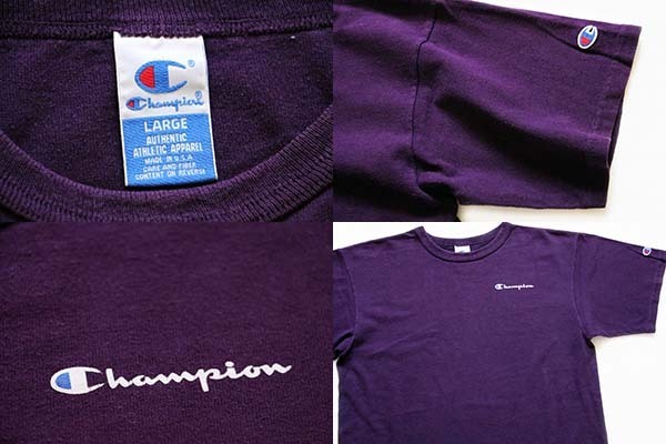 90s USA製 Championチャンピオン ワンポイント スクリプト ロゴ コットンTシャツ 紫 L